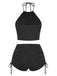 Black 1960s Solid Halter Ruched Bikini Set | vintage swimwear, retro swimsuit, pin-up style - perfect for retro fashion enthusiasts