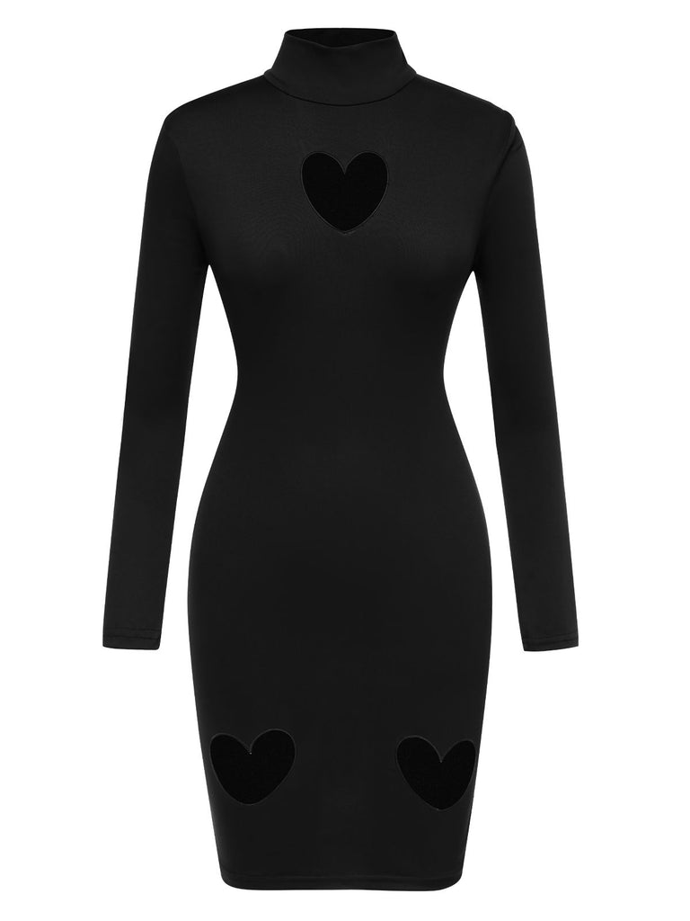 Retro Stage Heart Dress Solid Cut Out Long Sleeve Mini Dress Black Retro Stage Heart Dress Solid Cut Out Long Sleeve Mini Dress Black