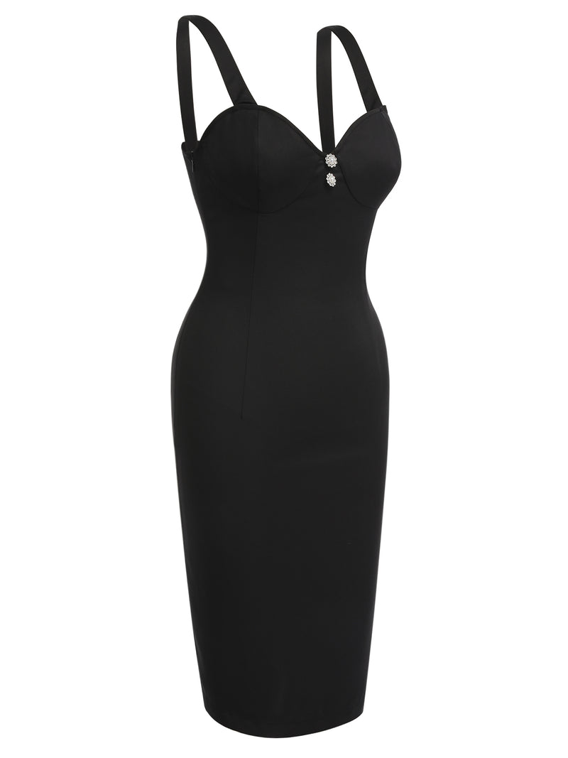 Retro Stage Elegant Cocktail Party Dress Pearl Buttons Deco Cut-Out Back Midi Dress