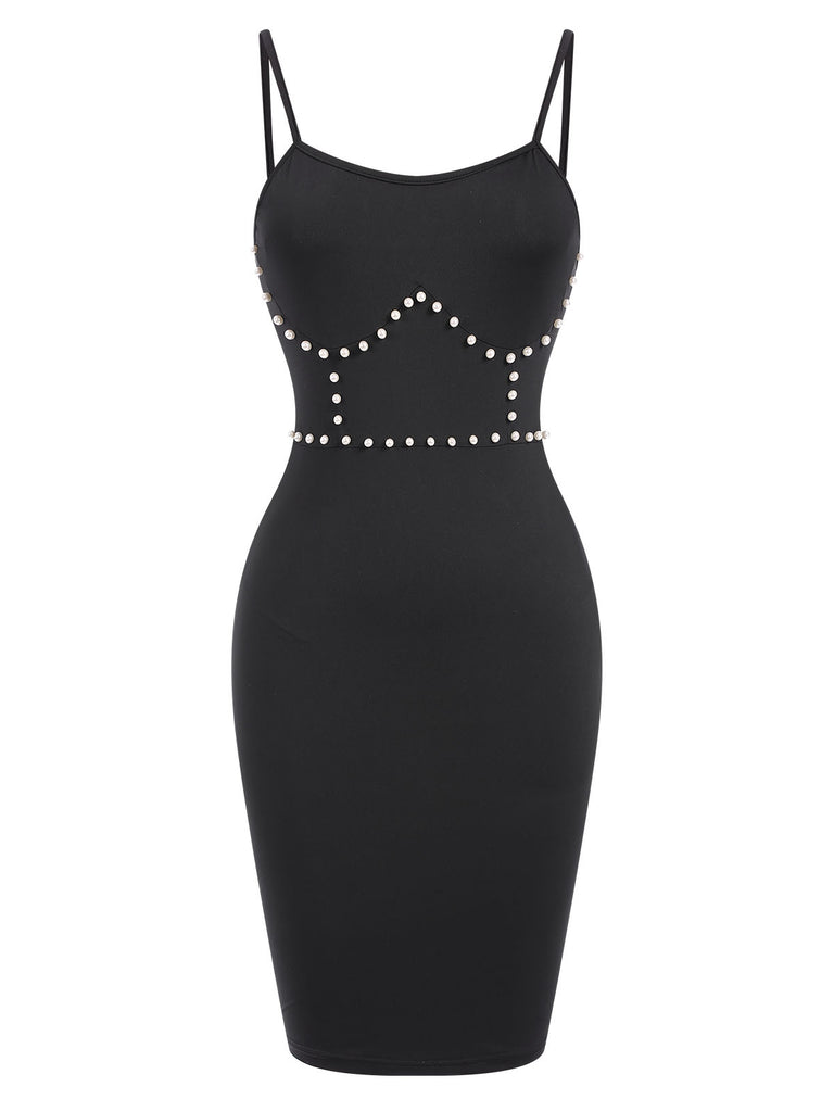 Black 1960s Solid Pearl Spaghetti Straps Dress, vintage dress, retro fashion - perfect for women who love vintage and retro fashion