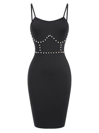 Black 1960s Solid Pearl Spaghetti Straps Dress Black 1960s Solid Pearl Spaghetti Straps Dress