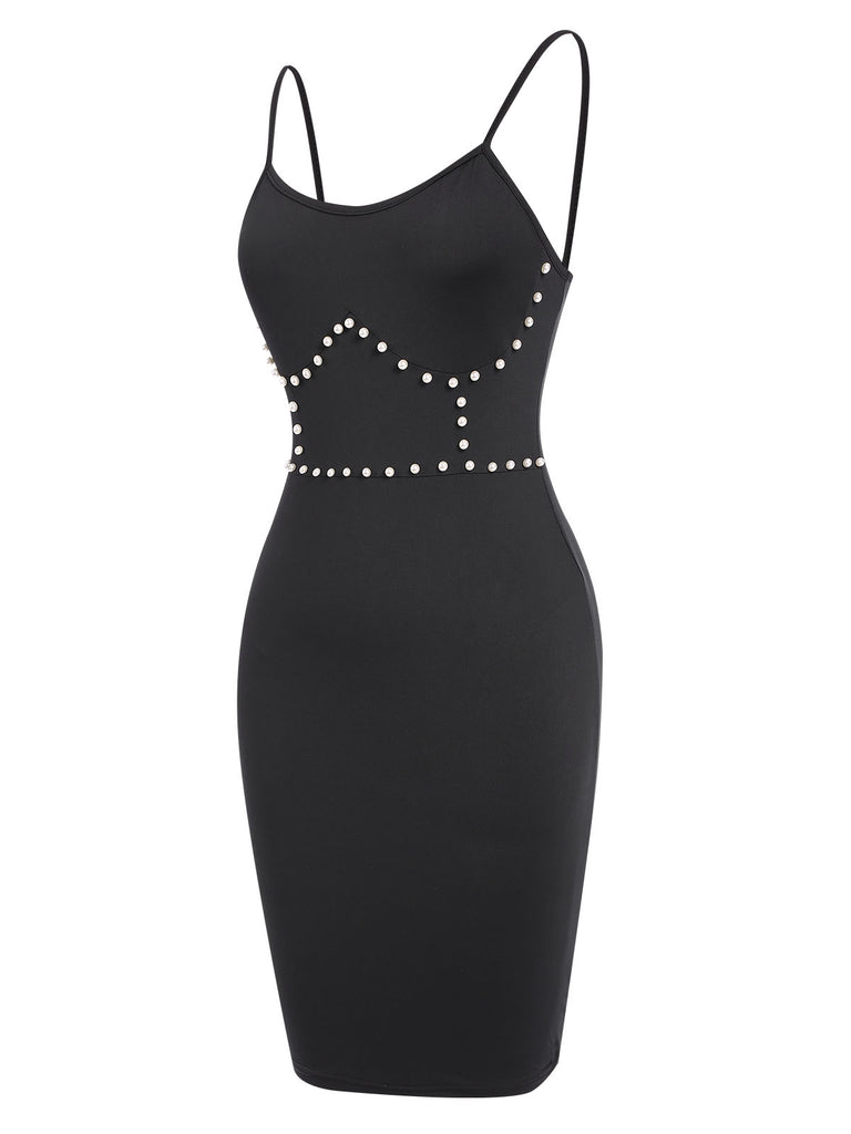 Black 1960s Solid Pearl Spaghetti Straps Dress, vintage dress, retro fashion - perfect for women who love vintage and retro fashion