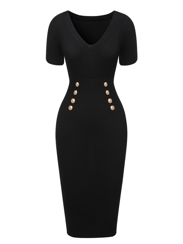 Black 1960s Solid V-Neck Buttons Dress, vintage dress, retro fashion - perfect for women who love vintage and retro fashion