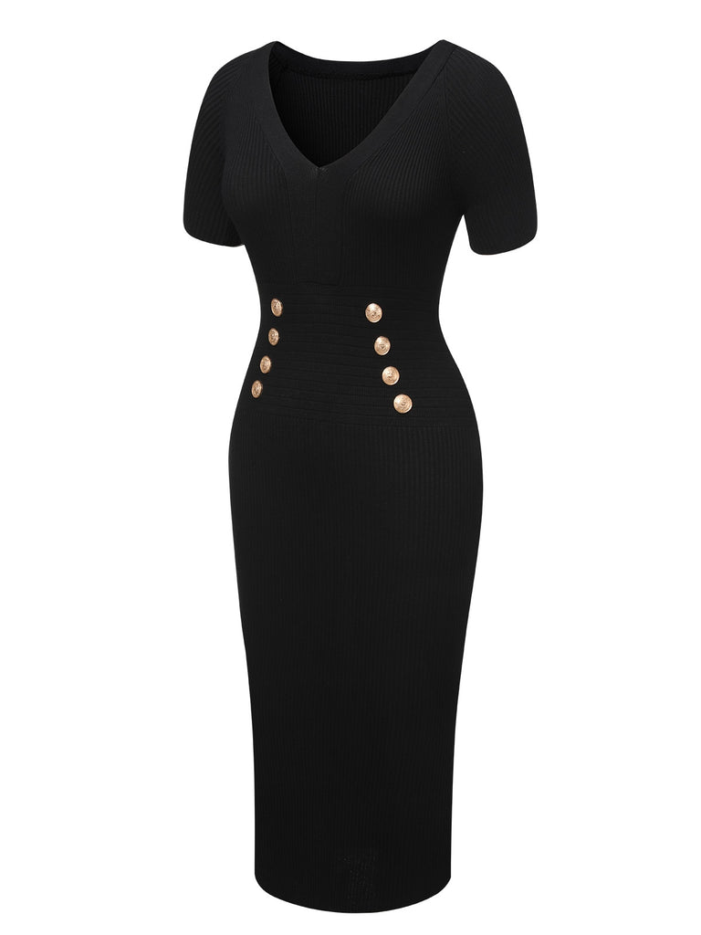 Black 1960s Solid V-Neck Buttons Dress, vintage dress, retro fashion - perfect for women who love vintage and retro fashion