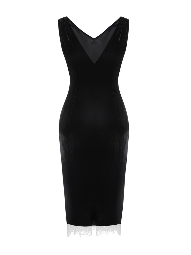 Retro Stage Black Velvet V-neck Sleeveless Sheath Midi Dress,S Retro Stage Black Velvet V-neck Sleeveless Sheath Midi Dress,S