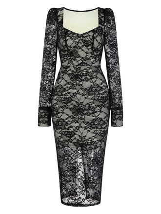 She slips into this Black 1960s Square Neck Lace Bodycon Dress and suddenly it's a 1960s daydream