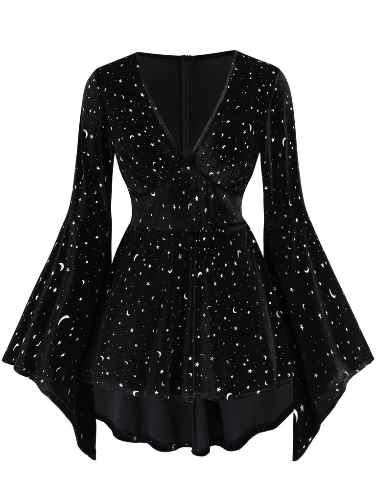 plus size black velvet dress Retro Stage Star & Moon Print V-Neck Bell Sleeve Velvet Mini Dress, 2XL/Black