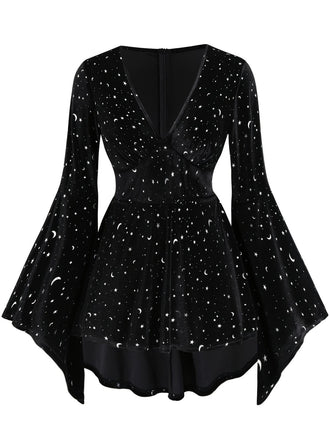 Black 1960s Star V-Neck Velvet Dress - vintage dress, retro fashion, classic black