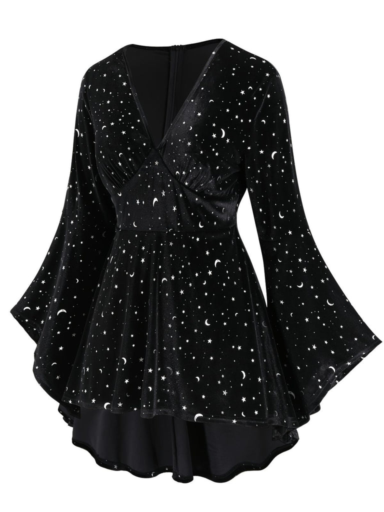 Retro Stage Star & Moon Print V-Neck Bell Sleeve Velvet Mini Dress, 2XL/Black