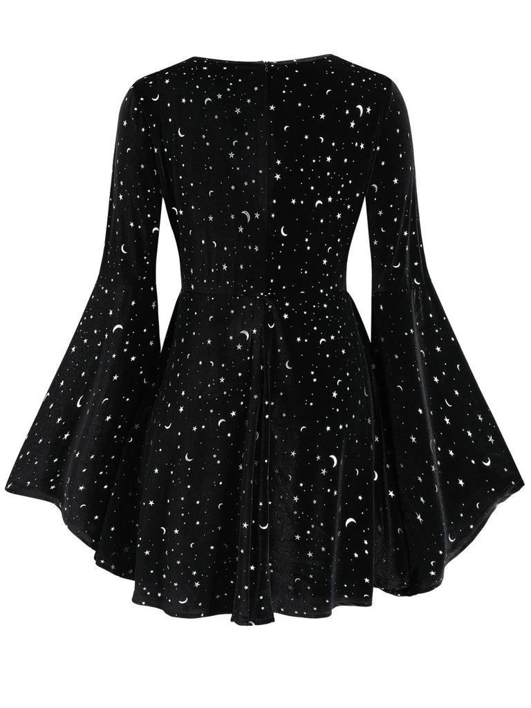 Retro Stage Star & Moon Print V-Neck Bell Sleeve Velvet Mini Dress, 2XL/Black