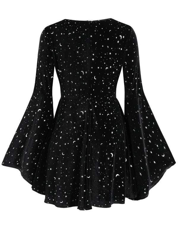 Velvet V-neck Bell Sleeve Satr & Moon Pattern Mini Dress, 1XL/Black