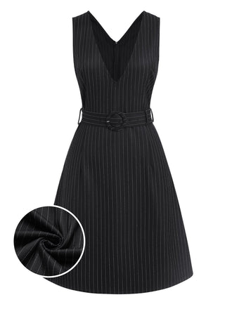 She slips into this Black 1960s Striped V-Neck Belted Dress and suddenly it's a 1960s daydream