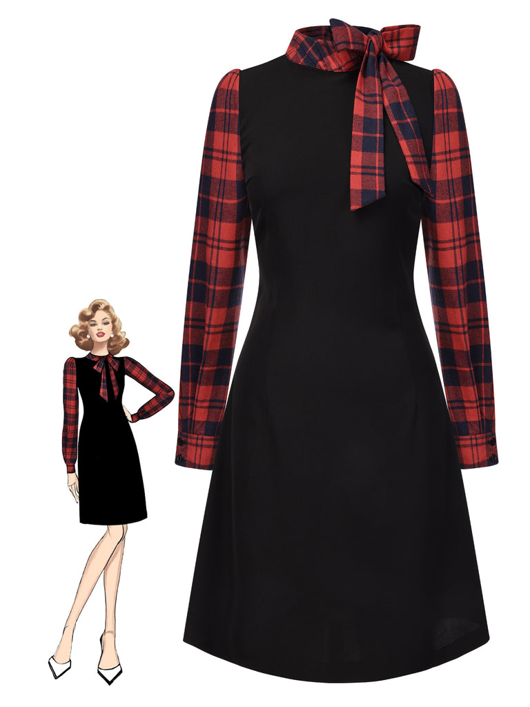 Vintage Red Plaid Tie Neck Bow Mod Shift Dress Vintage Red Plaid Tie Neck Bow Mod Shift Dress