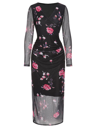 She slips into this Black 1960s V-Neck Floral Mesh Dress and suddenly it's a 1960s daydream