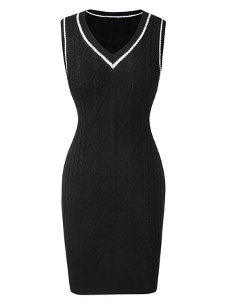 Black 1960s V-Neck Knitted Sleeveless Dress, vintage dress, retro fashion - perfect for women who love vintage and retro fashion