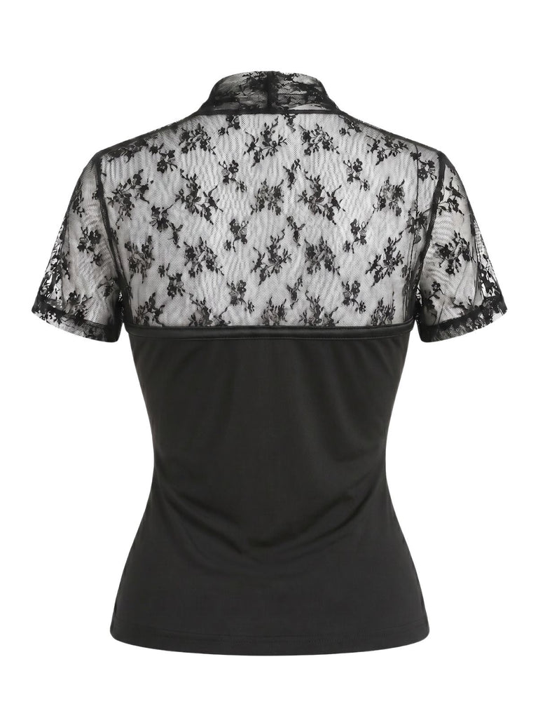 Black 1960s V-Neck Lace Patchwork Blouse, vintage top, retro blouse - perfect for women who love vintage and retro fashion