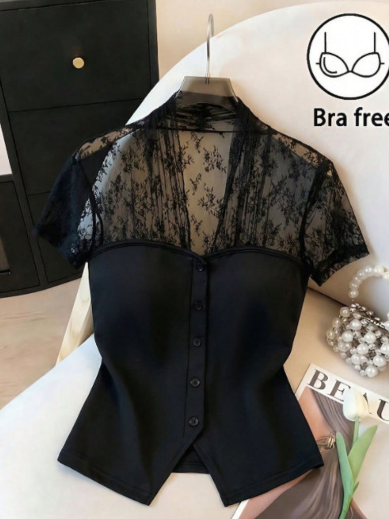 Black 1960s V-Neck Lace Patchwork Blouse, vintage top, retro blouse - perfect for women who love vintage and retro fashion