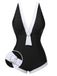 Black 1960s V-Neck Patchwork One-Piece Swimsuit, vintage swimsuit, pin-up swimwear - perfect for women who love vintage and retro fashion