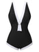 Black 1960s V-Neck Patchwork One-Piece Swimsuit, vintage swimsuit, pin-up swimwear - perfect for women who love vintage and retro fashion
