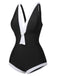 Black 1960s V-Neck Patchwork One-Piece Swimsuit, vintage swimsuit, pin-up swimwear - perfect for women who love vintage and retro fashion