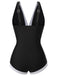 Black 1960s V-Neck Patchwork One-Piece Swimsuit, vintage swimsuit, pin-up swimwear - perfect for women who love vintage and retro fashion