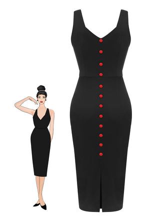 Black 1960s V-Neck Solid Bodycon Dress, vintage dress, retro fashion - perfect for women who love vintage and retro fashion