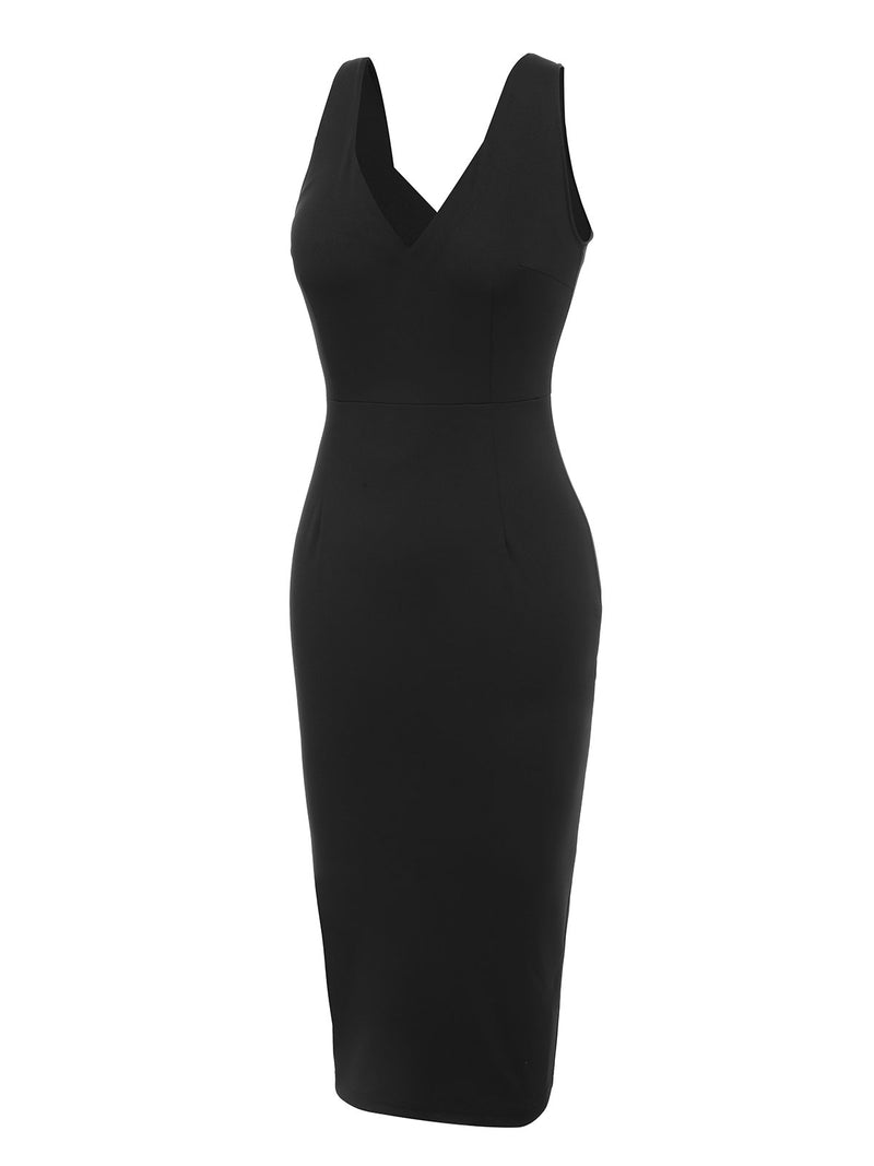 Black 1960s V-Neck Solid Bodycon Dress Black 1960s V-Neck Solid Bodycon Dress