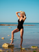 Black 1960s Velvet Back Cross Straps Swimsuit, vintage swimsuit, pin-up swimwear - perfect for women who love vintage and retro fashion