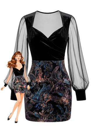 Black 1960s Floral V Neck Mesh Dress