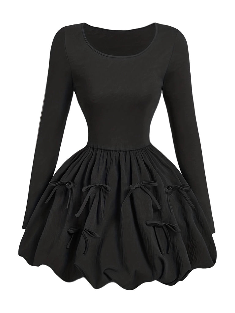 Black 1970s 3D-Bow Solid Bubble Dress - vintage dress, retro fashion, classic black