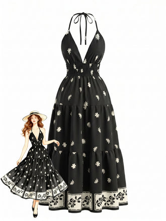 Black 1970s Bohemian Halter Backless Maxi Dress - vintage dress, retro fashion for vintage lovers