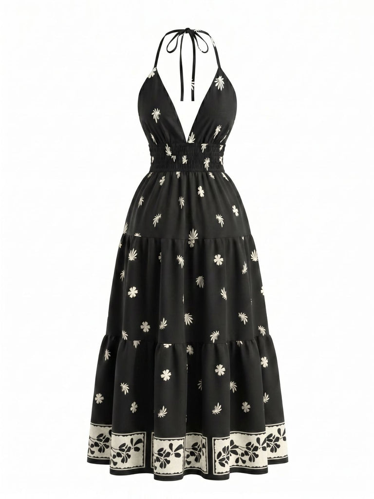 Black 1970s Bohemian Halter Backless Maxi Dress