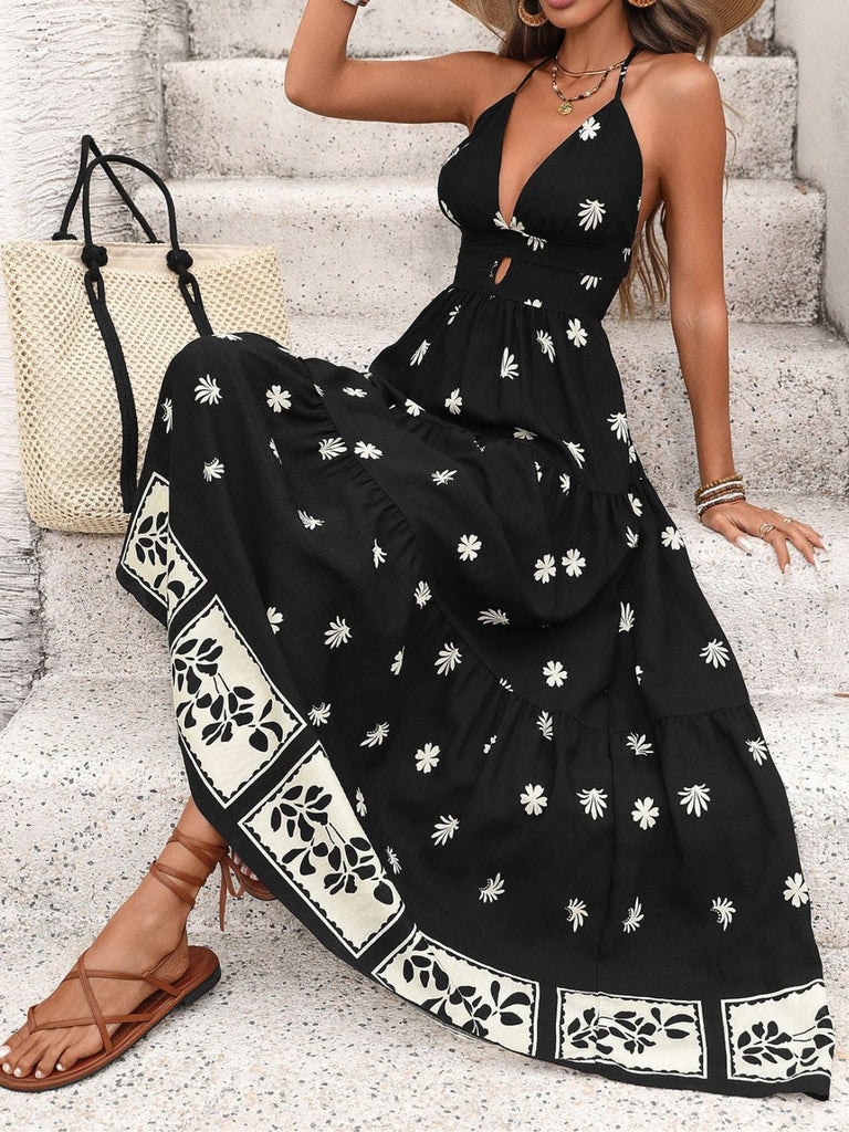 Black 1970s Bohemian Halter Backless Maxi Dress | Retro Stage Black 1970s Bohemian Halter Backless Maxi Dress | Retro Stage