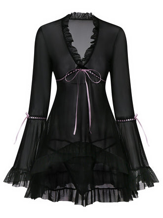 Black 1970s Bowknot Ruffled Sheer Nightdress - vintage dress, retro fashion, classic black