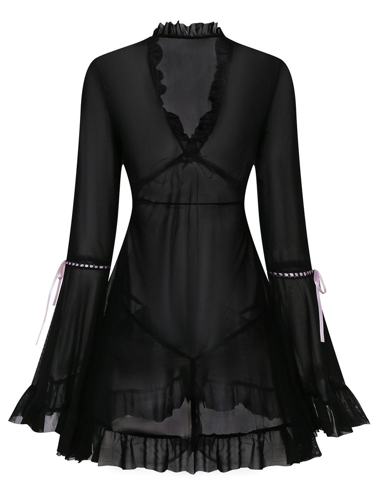 Black 1970s Bowknot Ruffled Sheer Nightdress - vintage dress, retro fashion, classic black