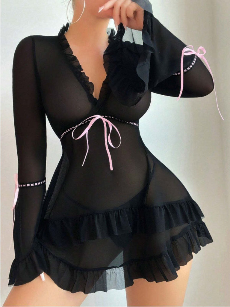 Black 1970s Bowknot Ruffled Sheer Nightdress - vintage dress, retro fashion, classic black