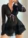 Black 1970s Bowknot Ruffled Sheer Nightdress - vintage dress, retro fashion, classic black