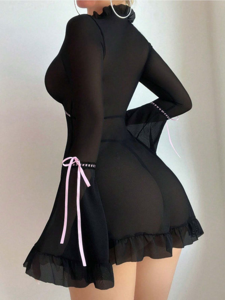 Black 1970s Bowknot Ruffled Sheer Nightdress - vintage dress, retro fashion, classic black