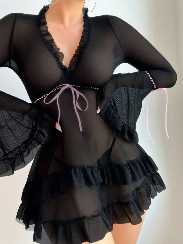 Black 1970s Bowknot Ruffled Sheer Nightdress - vintage dress, retro fashion, classic black