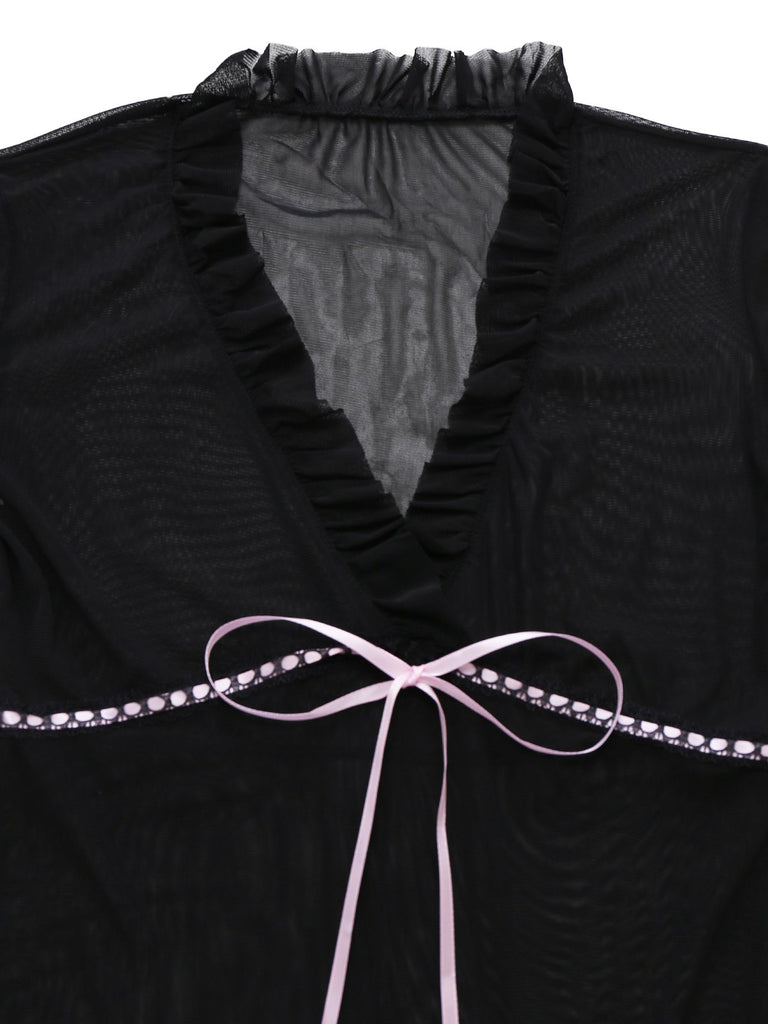 Black 1970s Bowknot Ruffled Sheer Nightdress - vintage dress, retro fashion, classic black
