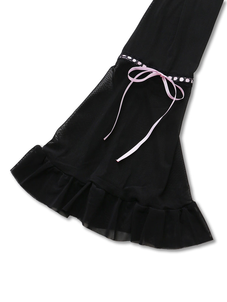 Black 1970s Bowknot Ruffled Sheer Nightdress - vintage dress, retro fashion, classic black