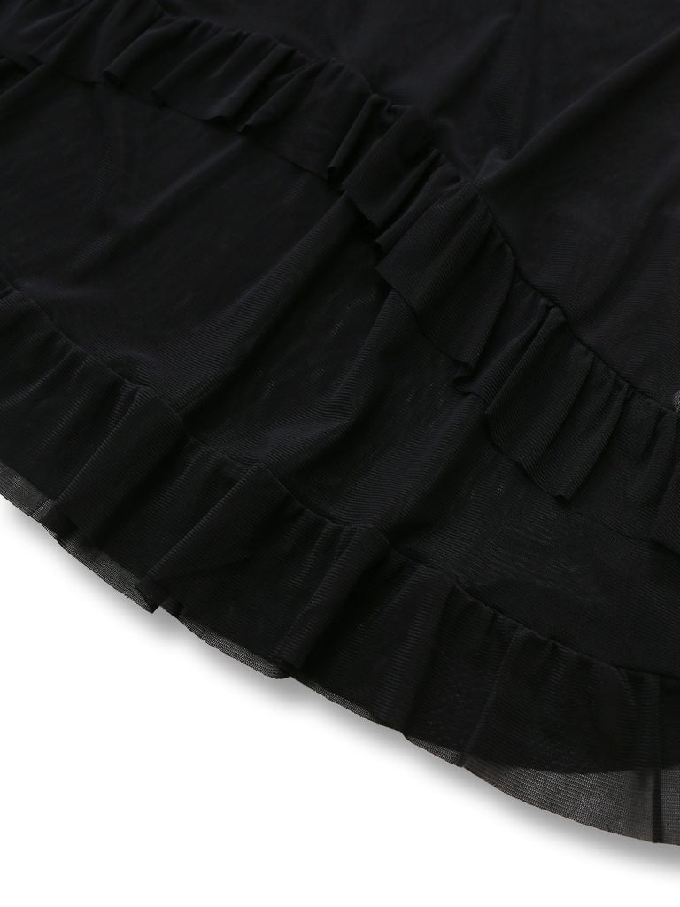 Black 1970s Bowknot Ruffled Sheer Nightdress - vintage dress, retro fashion, classic black