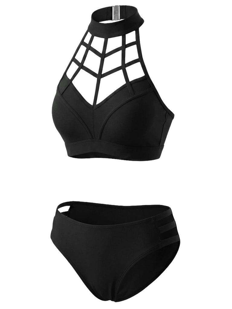 Black-1970s-Caged-Halter-Gothic-Cutout-Bikini-Set, vintage, retro, swimwear