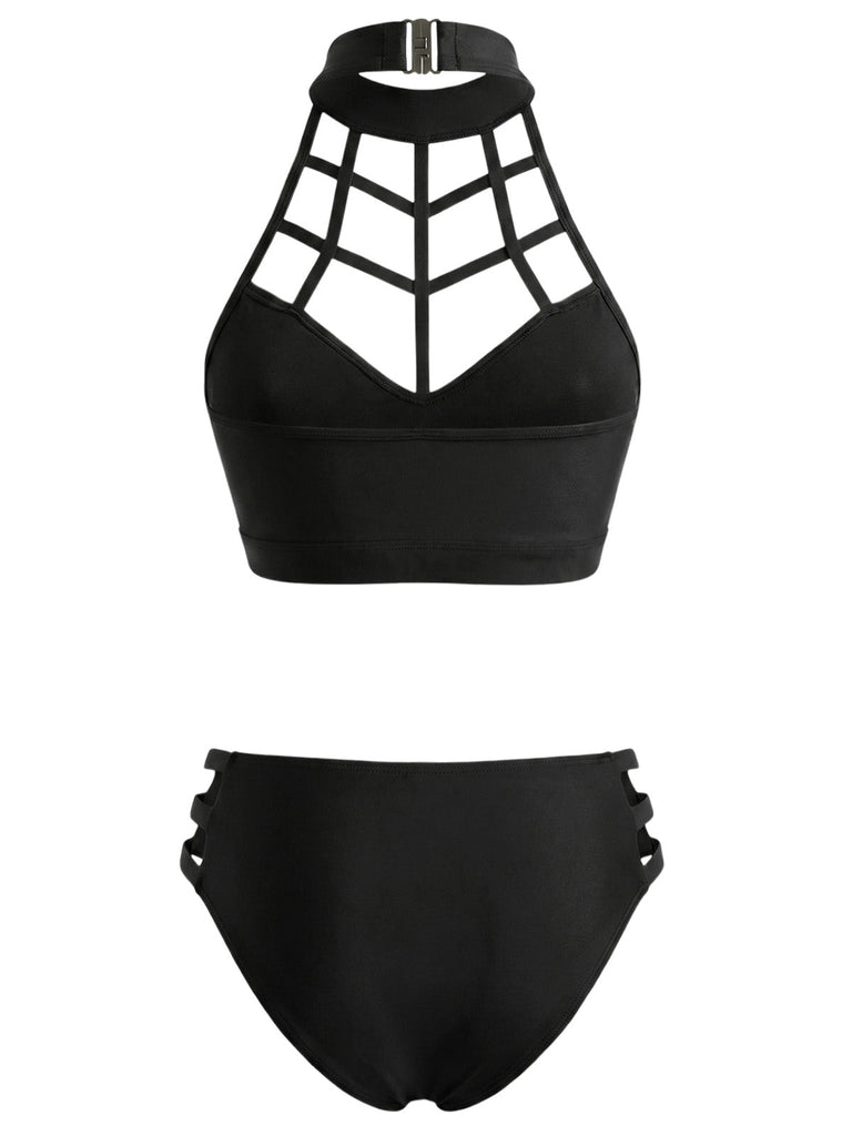Black-1970s-Caged-Halter-Gothic-Cutout-Bikini-Set, vintage, retro, swimwear