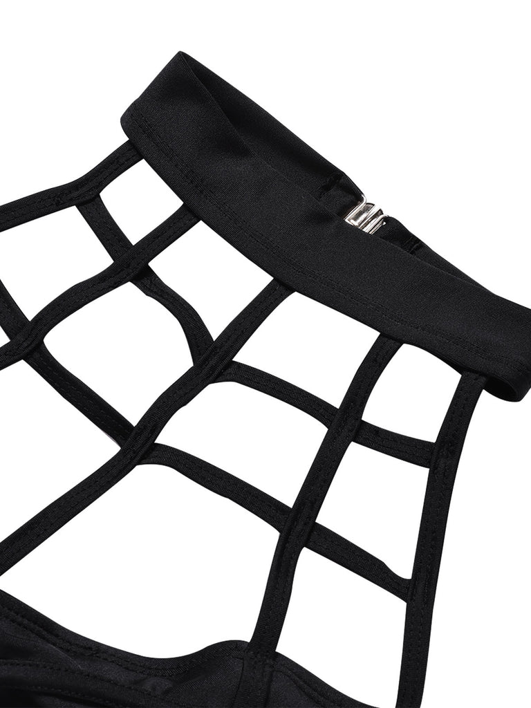 Black-1970s-Caged-Halter-Gothic-Cutout-Bikini-Set, vintage, retro, swimwear