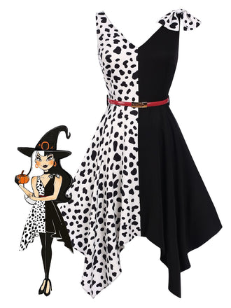 She slips into this Black 1970s Cow Spots Patchwork Dress and suddenly it's a 1970s daydream