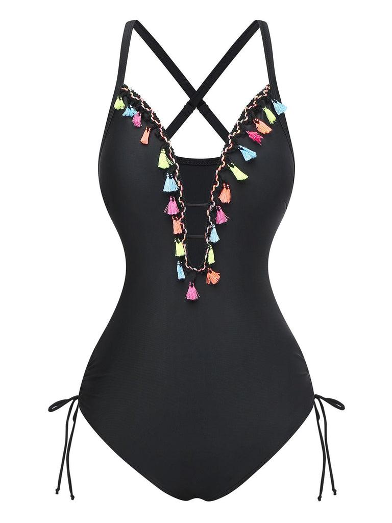 Black 1970s Deep V-Neck Tassels One-Piece Swimsuit - vintage swimsuit, pin-up style, classic black