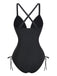 Black 1970s Deep V-Neck Tassels One-Piece Swimsuit - vintage swimsuit, pin-up style, classic black