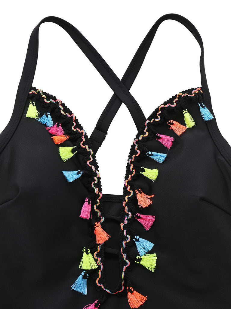 Black 1970s Deep V-Neck Tassels One-Piece Swimsuit - vintage swimsuit, pin-up style, classic black