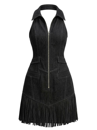 Black 1970s Denim Dress - vintage dress, retro fashion, classic black